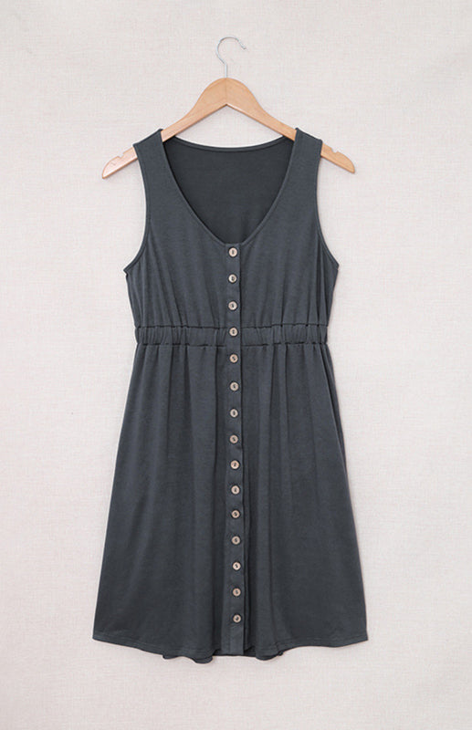 Casual V-Neck Button Front Sleeveless Elasticated Waist A-line Dress With Pocket Valariy