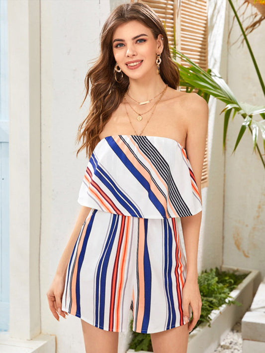 Women's striped printed word shoulder sexy jumpsuit