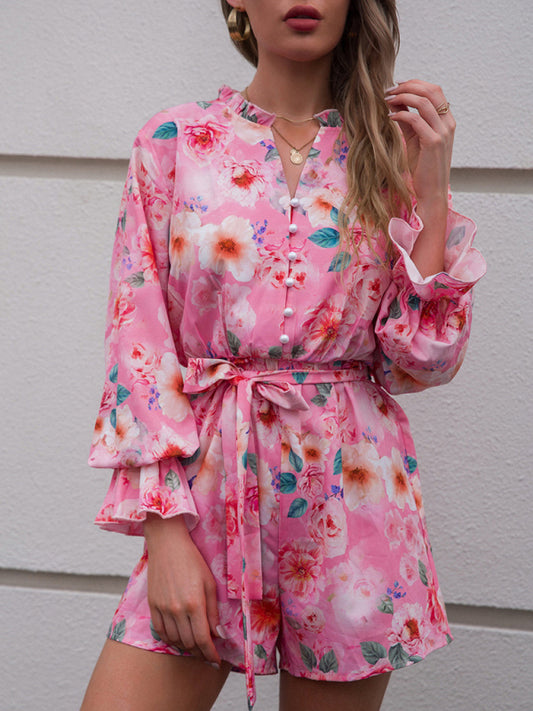 Women’s Bright Floral Print Romper With Ruffled Sleeves And Pearl Buttons