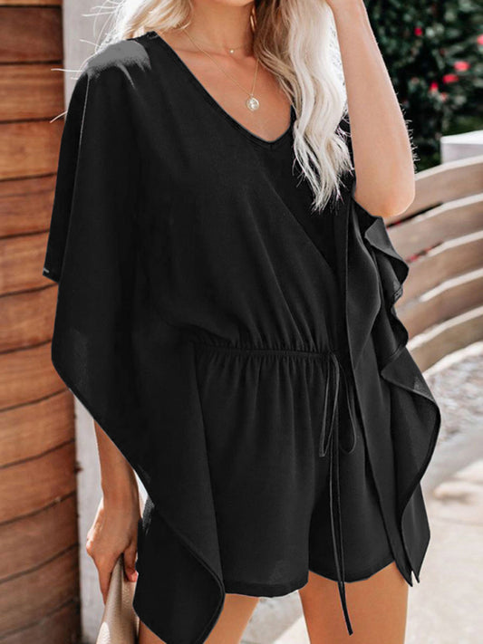 Women's temperament shorts European and American solid color V-neck high waist tie loose jumpsuit
