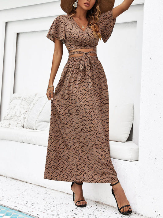 Women's leopard print short-sleeved top + skirt two-piece set