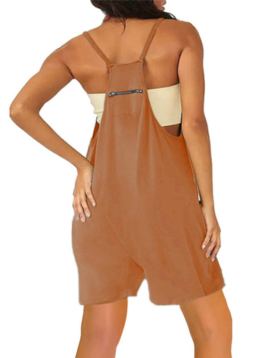 Women's Solid Color Sleeveless Back Zipper Pocket Rompers